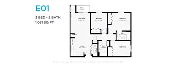 A floor plan for a 3 bedroom, 2 bathroom apartment sized at 1,031 square feet.
