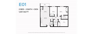 A floor plan for a 2 bedroom, 2 bathroom, and den apartment sized at 1,031 square feet.