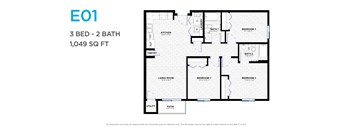 A floor plan of a 3 bedroom, 2 bathroom apartment sized at 1,049 square feet.