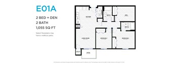 A floor plan for a 1,055 square foot home with two bedrooms and two bathrooms.