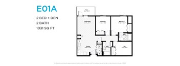 A floor plan for a 1031 square foot home with two bedrooms and two bathrooms.