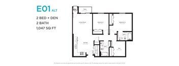 A floor plan of a one bedroom apartment with two bathrooms.