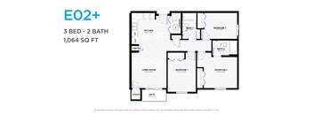 A floor plan for a 3 bedroom, 2 bathroom apartment sized at 1,064 square feet.