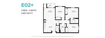 A floor plan for a 3 bedroom, 2 bathroom apartment sized at 1,067 square feet.