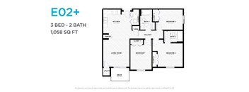 A floor plan for a 3 bedroom, 2 bathroom apartment sized at 1,058 square feet.