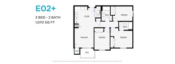 A floor plan for a 3 bedroom, 2 bathroom apartment sized at 1,070 square feet.