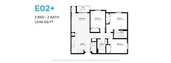 A floor plan for a 3 bedroom, 2 bathroom apartment sized at 1,048 square feet.