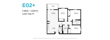 A floor plan for a 3 bedroom, 2 bathroom apartment sized at 1,047 square feet.