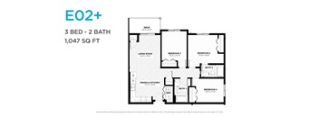 A black and white image of a floor plan for a 3 bedroom, 2 bathroom apartment.