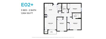 A floor plan for a 3 bedroom, 2 bathroom apartment sized at 1,064 square feet.