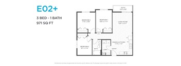 A floor plan for a 3 bedroom, 1 bathroom apartment is shown.