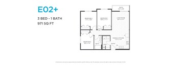 A floor plan for a 3 bedroom, 1 bathroom apartment is shown.