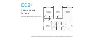 A floor plan for a 3 bedroom, 1 bathroom apartment.