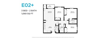 A floor plan for a 3 bedroom, 2 bathroom apartment sized at 1,069 square feet.