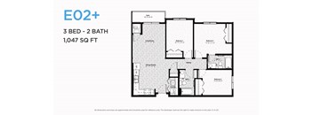 A floor plan for a 3 bedroom, 2 bathroom apartment sized at 1,047 square feet.