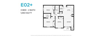 A floor plan for a 3 bedroom, 2 bathroom apartment sized at 1,063 square feet.