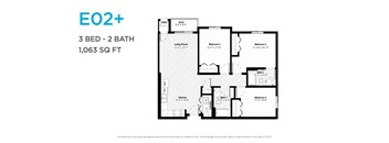 A floor plan for a 3 bedroom, 2 bathroom apartment sized at 1,063 square feet.