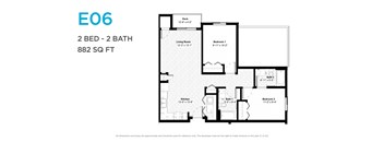 A floor plan for a 2 bedroom, 2 bathroom apartment sized at 882 square feet.