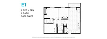 A floor plan of apartment E1 with 2 bedrooms, 2 bathrooms and a total area of 1,036 square feet.