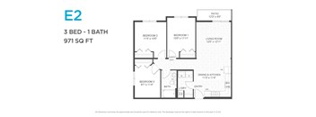 A floor plan for a 3 bedroom, 1 bathroom apartment is shown.