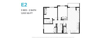 A floor plan of a 3 bedroom, 2 bathroom apartment that is 1,053 square feet.