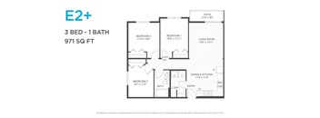 A floor plan for an E2+ apartment with 3 bedrooms and 1 bathroom.