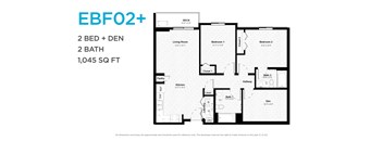 A floor plan for a property called EBFO2+ shows a living room, two bedrooms, a bathroom, a pantry, a kitchen, and a den.