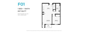 A floor plan for a 1 bedroom, 1 bathroom apartment sized at 657 square feet.