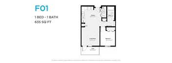 A floor plan of a one bedroom, one bathroom apartment sized at 635 square feet.
