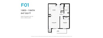 A floor plan for a 1 bedroom, 1 bathroom apartment sized at 647 square feet.