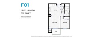 A floor plan for a 1 bedroom, 1 bathroom apartment sized at 657 square feet.