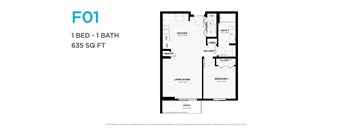 A floor plan of a one bedroom apartment with one bathroom.