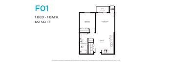 A floor plan of a one bedroom apartment with a bathroom. 651 square feet.