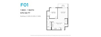 A floor plan for a 1 bedroom, 1 bathroom apartment sized at 676 square feet.