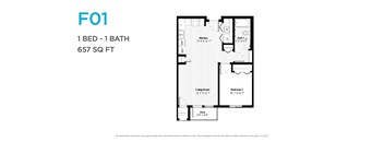 A floor plan for a 1 bedroom, 1 bathroom apartment sized at 657 square feet.