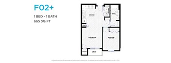 A floor plan for a one bedroom apartment with one bathroom and a total area of 665 square feet.