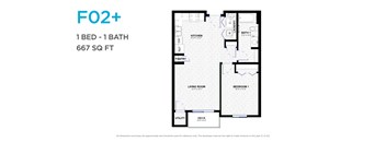 A floor plan for a one bedroom apartment with one bathroom and a total area of 667 square feet.