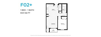 A floor plan for a 1 bedroom, 1 bathroom apartment that is 653 square feet.