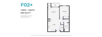 A floor plan for a 1 bedroom, 1 bathroom apartment sized at 668 square feet.