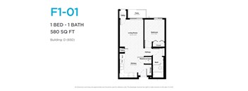 A floor plan for a 1 bedroom, 1 bathroom apartment sized at 580 square feet.