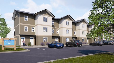 A rendering of a modern apartment complex with a sign that says "Bentley Crossing".