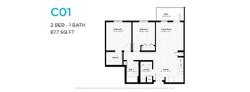 A floor plan for a 2 bedroom, 1 bathroom apartment sized at 877 square feet.