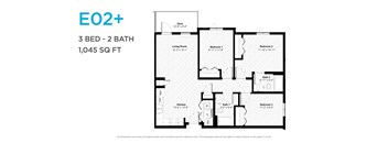 A floor plan for a 3 bedroom, 2 bathroom apartment sized at 1,045 square feet.