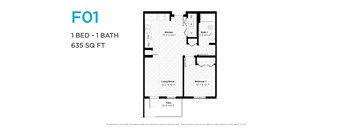 A floor plan of a one bedroom apartment with one bathroom.
