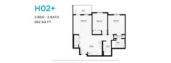 A floor plan for a 2 bedroom, 2 bathroom apartment sized at 892 square feet.