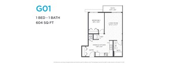 A floor plan for a 1 bedroom, 1 bathroom apartment that is 604 square feet.