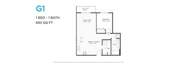 A floor plan for a 1 bedroom, 1 bathroom apartment sized at 693 square feet.