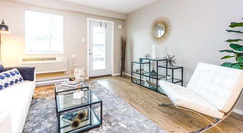 A living room with a couch, chair and coffee table. A standard window with AC unit below. A single patio door is beside