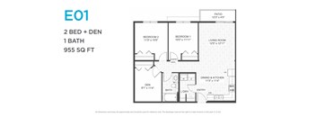 A floor plan for a 955 square foot home with two bedrooms and a den.