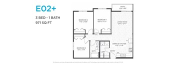 A floor plan for a 3 bedroom, 1 bathroom apartment is shown.